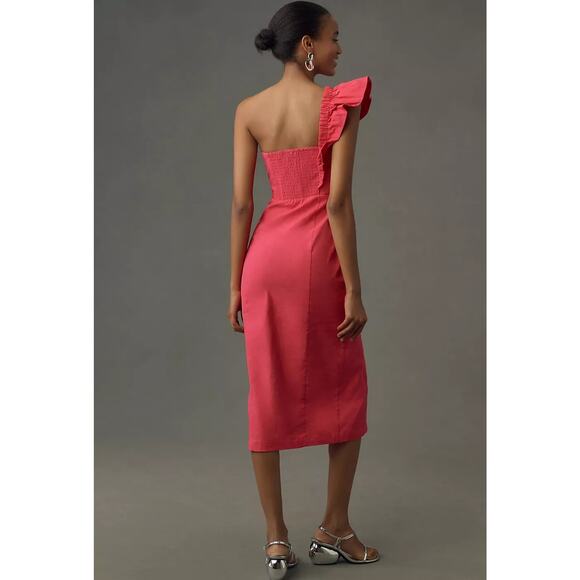 NWT By Anthropologie One-Shoulder Ruffle Linen Column Midi Dress $168 LARGE Pink - Picture 3 of 3